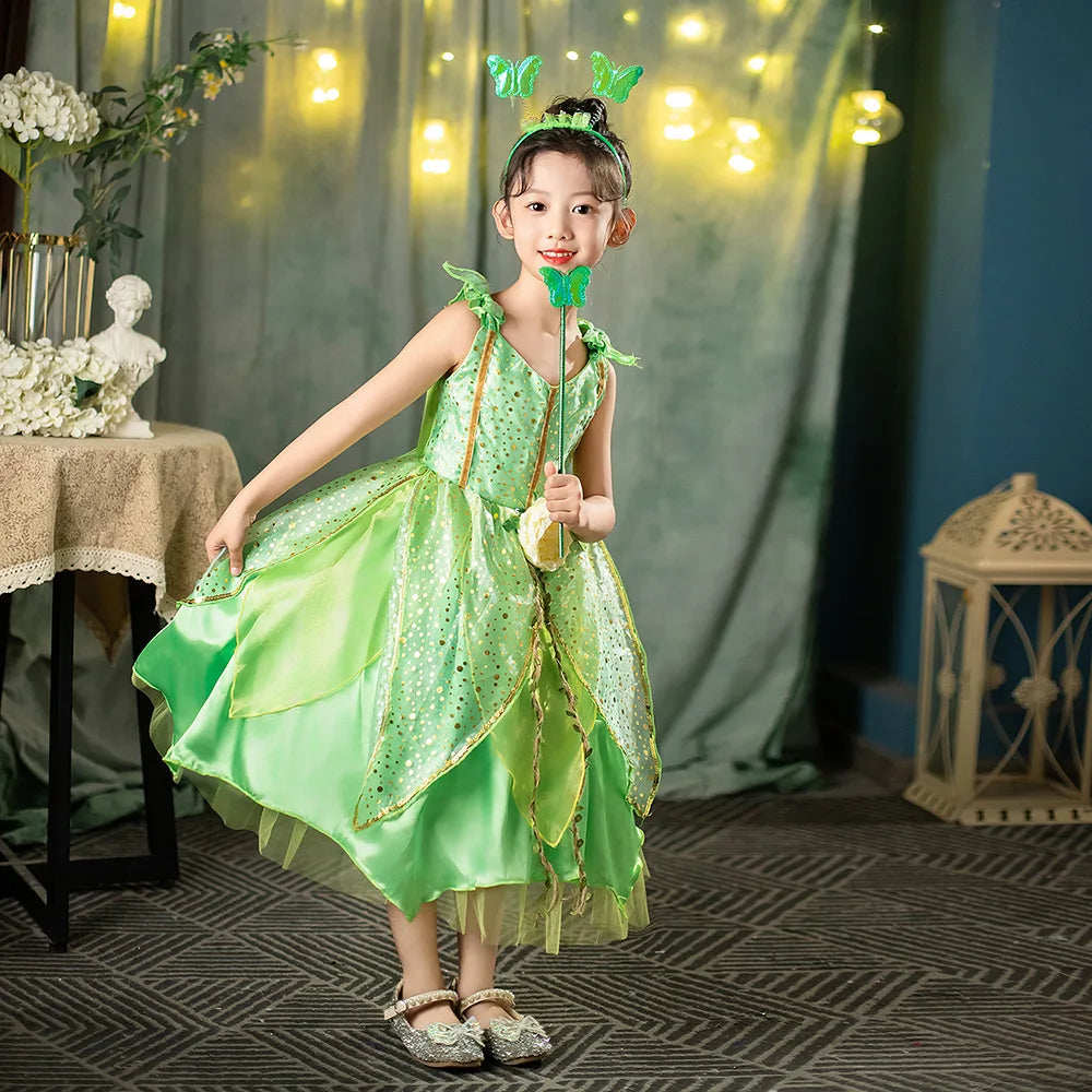 Girl Green Leaf Sequin Fairy Dress Sleeveless Strap Elf Tutu Gown Kids Birthday Party Halloween Cosplay Forest Princess Costume