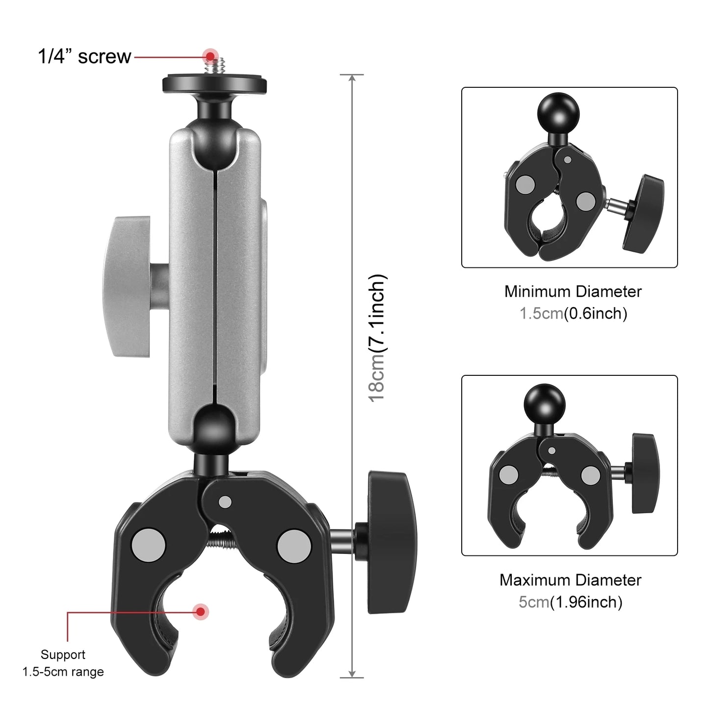 Motorcycle Crab Pliers Clip Arm Mount with Mount Adapter & Long Screw for Gopro/ DJI/ Insta360 Action Cameras & Smartphone