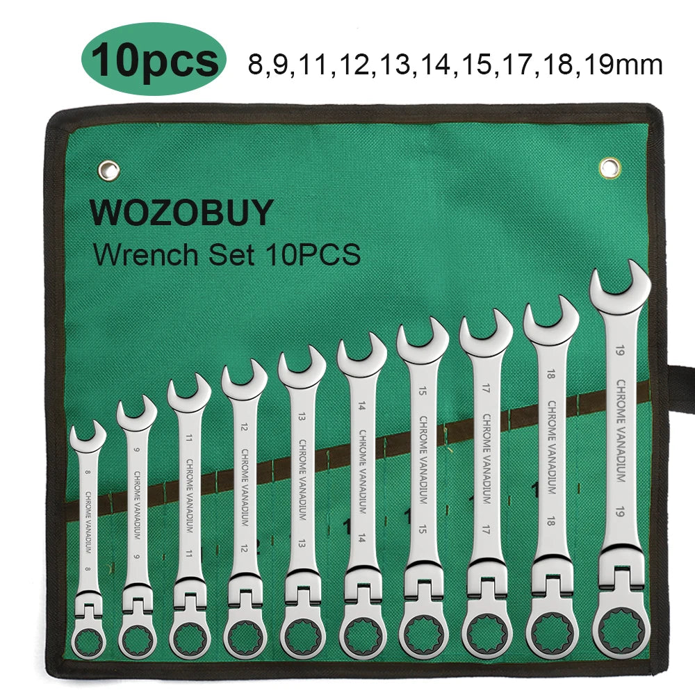 Metric Ratchet Spanner Wrench Set 8–22mm Flex Head 72-Tooth Gear Ring Combination Wrench Kit with Canvas Storage Bag