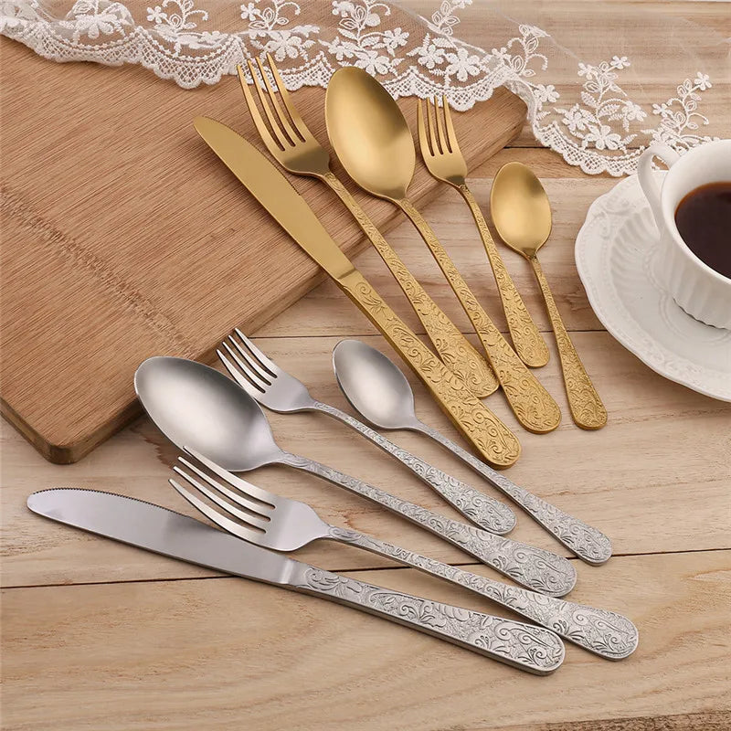 24pcs Golden Spoon Knife Fork Set Luxury Stainless Steel Tableware Set High-end Retro Complete Cutlery for 6 People Home Decor