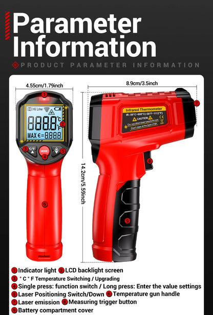 Industrial Handheld Thermometers Car Test Non Contact IR Laser Heat Temperature Gun Point HD Screen for Cooking Tool