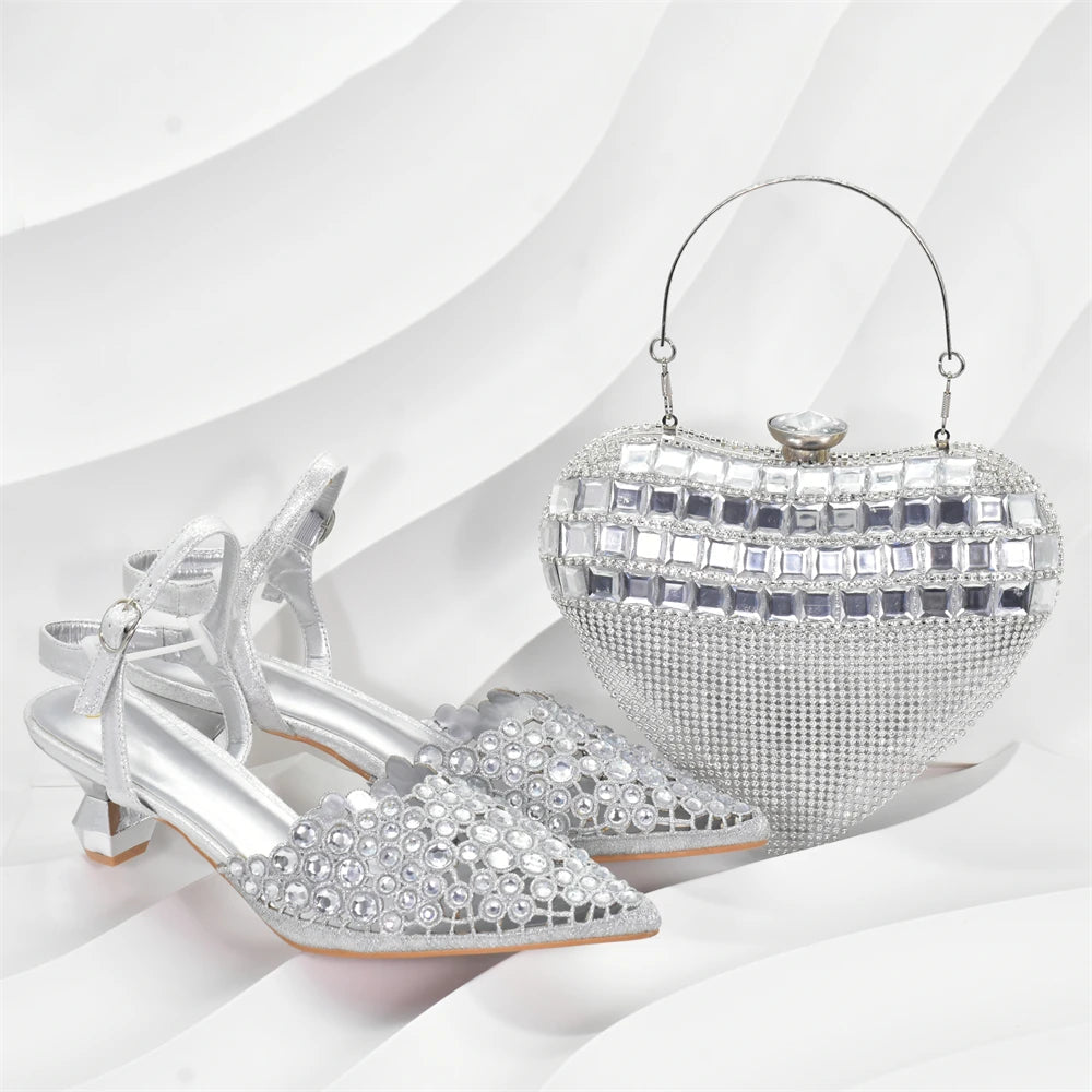 Italian Shoes and Bags Matching Set Rhinestones African Pointed Toe Women High Heel Evening Party Pumps Wedding Shoes Bride