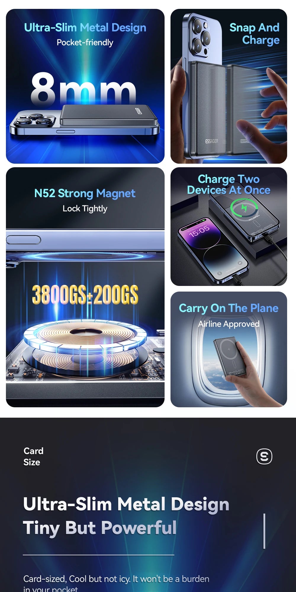 5000mAh Magnetic Power Bank 20W PD Wireless Fast Charging Slim Portable Charger for iPhone MagSafe
