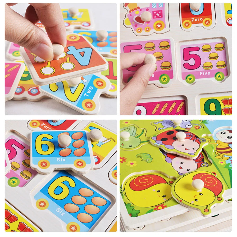 Montessori Wooden Puzzles Hand Grab Boards Toys Tangram Jigsaw  Educational Toys Cartoon Vehicle Animals Fruits 3D Puzzles