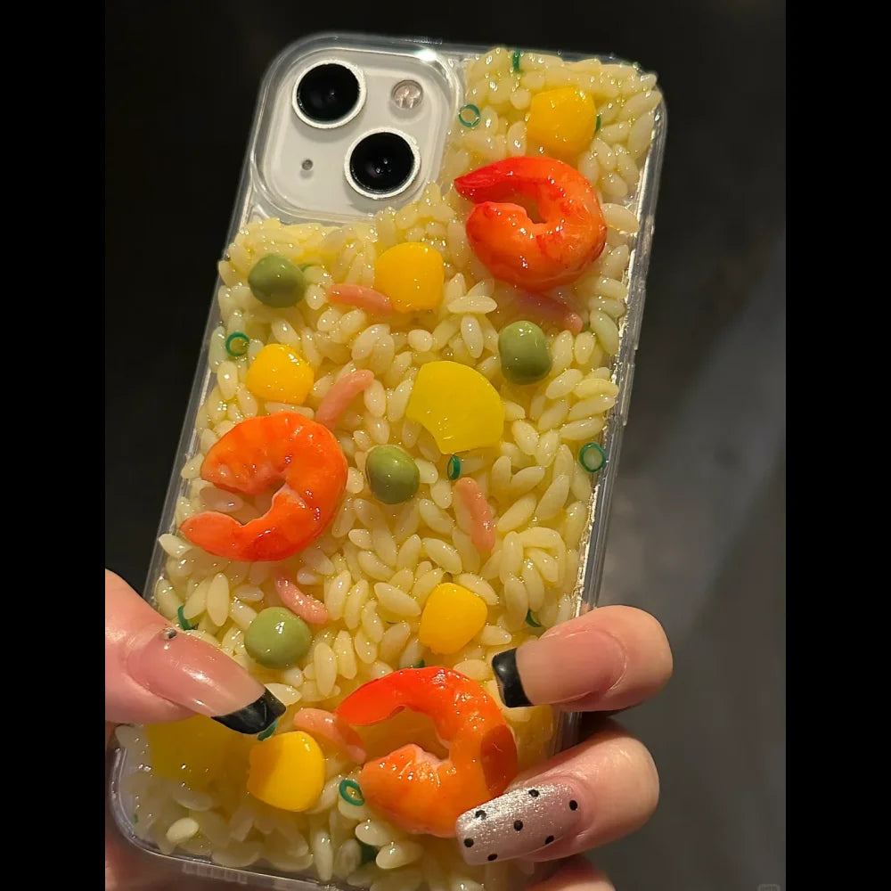 Cute Cartoon Shrimp Corn Fried Rice Phone Case For iPhone 15 13 14 Pro Max Clear Lens Protection Soft Silicone Back Cover