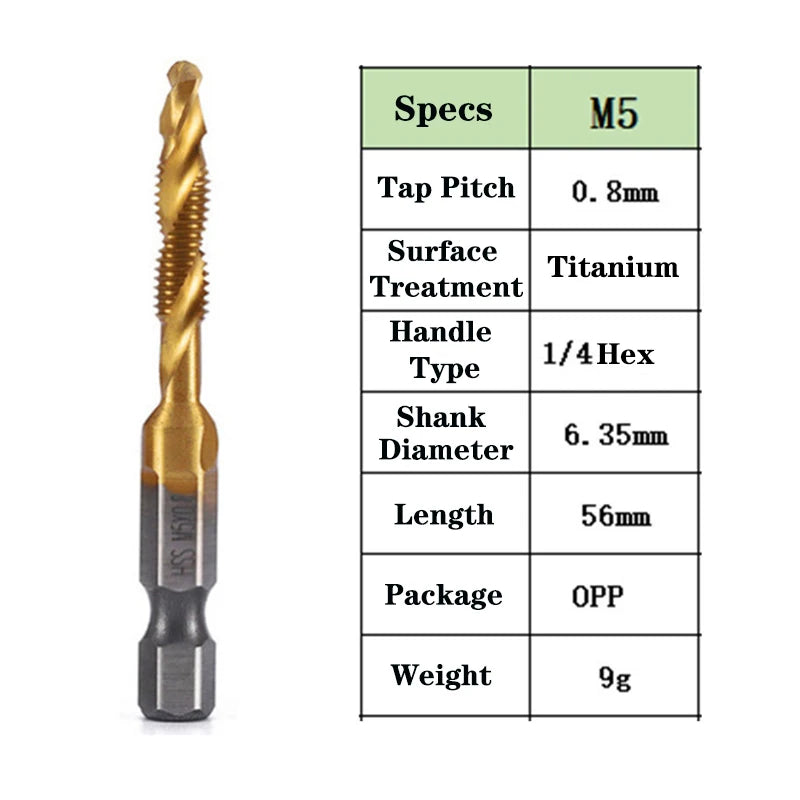 1pcs Hex Shank Titanium Plated HSS Screw Thread Metric Tap Drill Bits Screw Machine Compound Tap M3 M4 M5 M6 M8 M10 Hand Tools