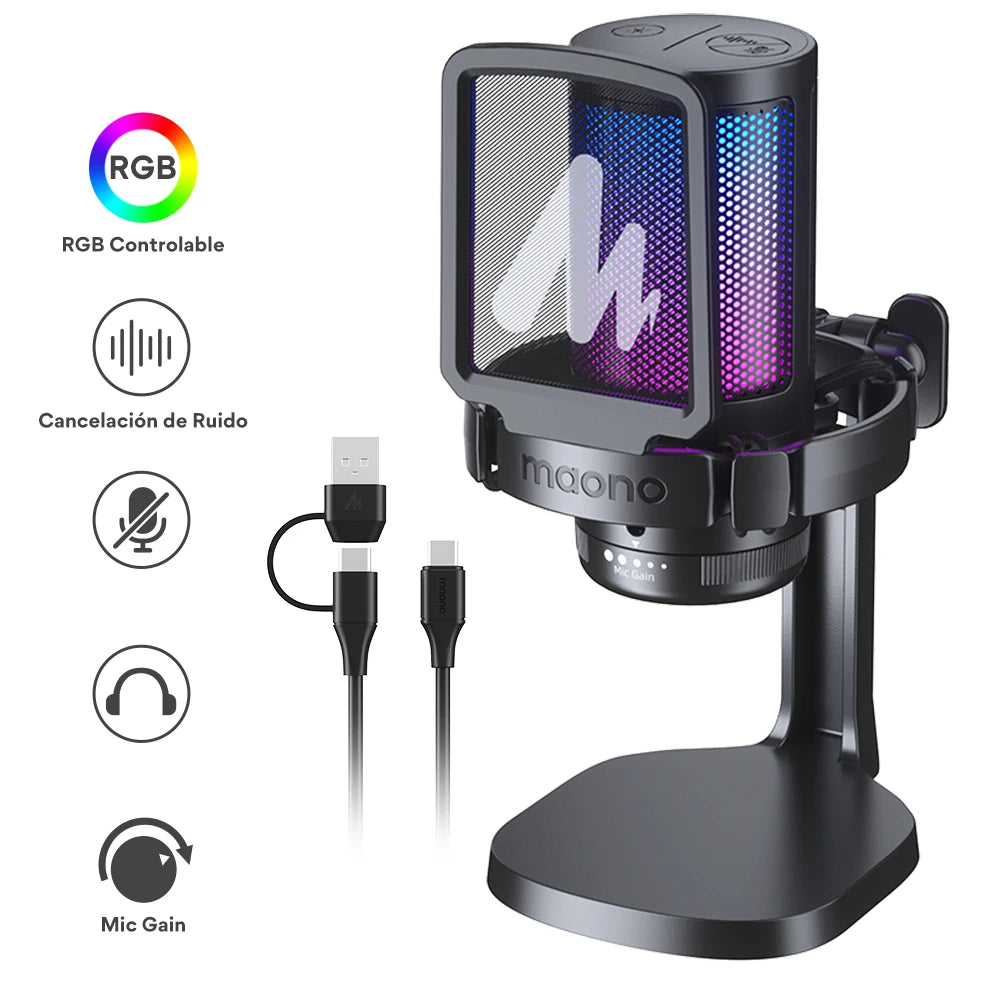 DGM20 Gaming Microphone,USB Microphone Condenser Mic RGB Gaming Mic with Noise reduction software,Mic Gain,One Key Mute