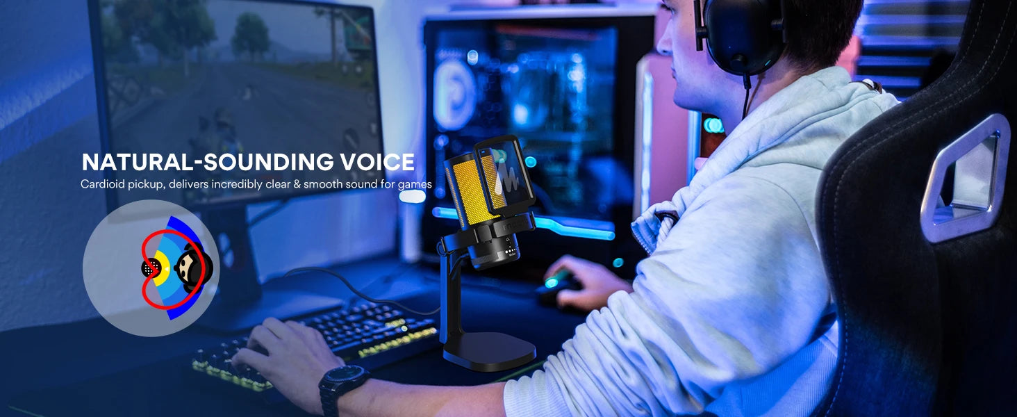 DGM20 Gaming Microphone,USB Microphone Condenser Mic RGB Gaming Mic with Noise reduction software,Mic Gain,One Key Mute