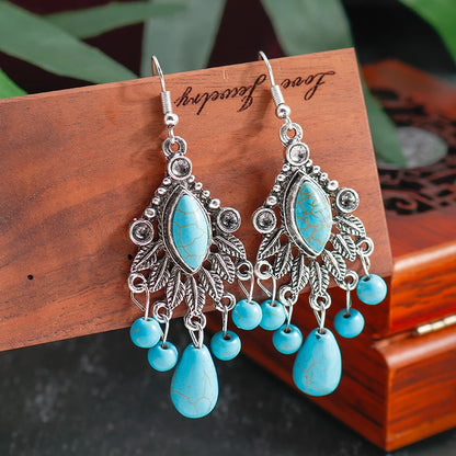 Vintage Bohemian Multiple Leaves Drop Earrings Natural Stone Beads Water Droplets Tassel Dangle Earrings