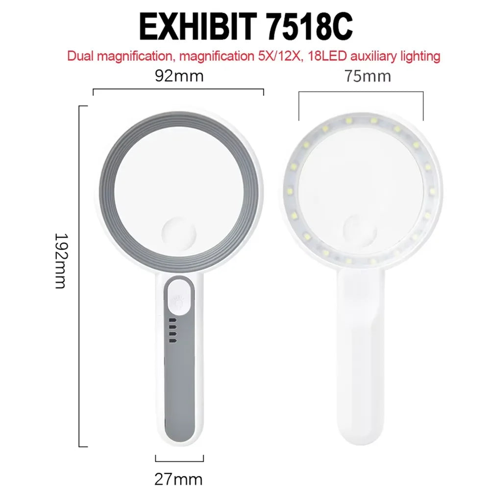 Rechargeable LED Magnifier 5X–12X Handheld with 3 Light Modes