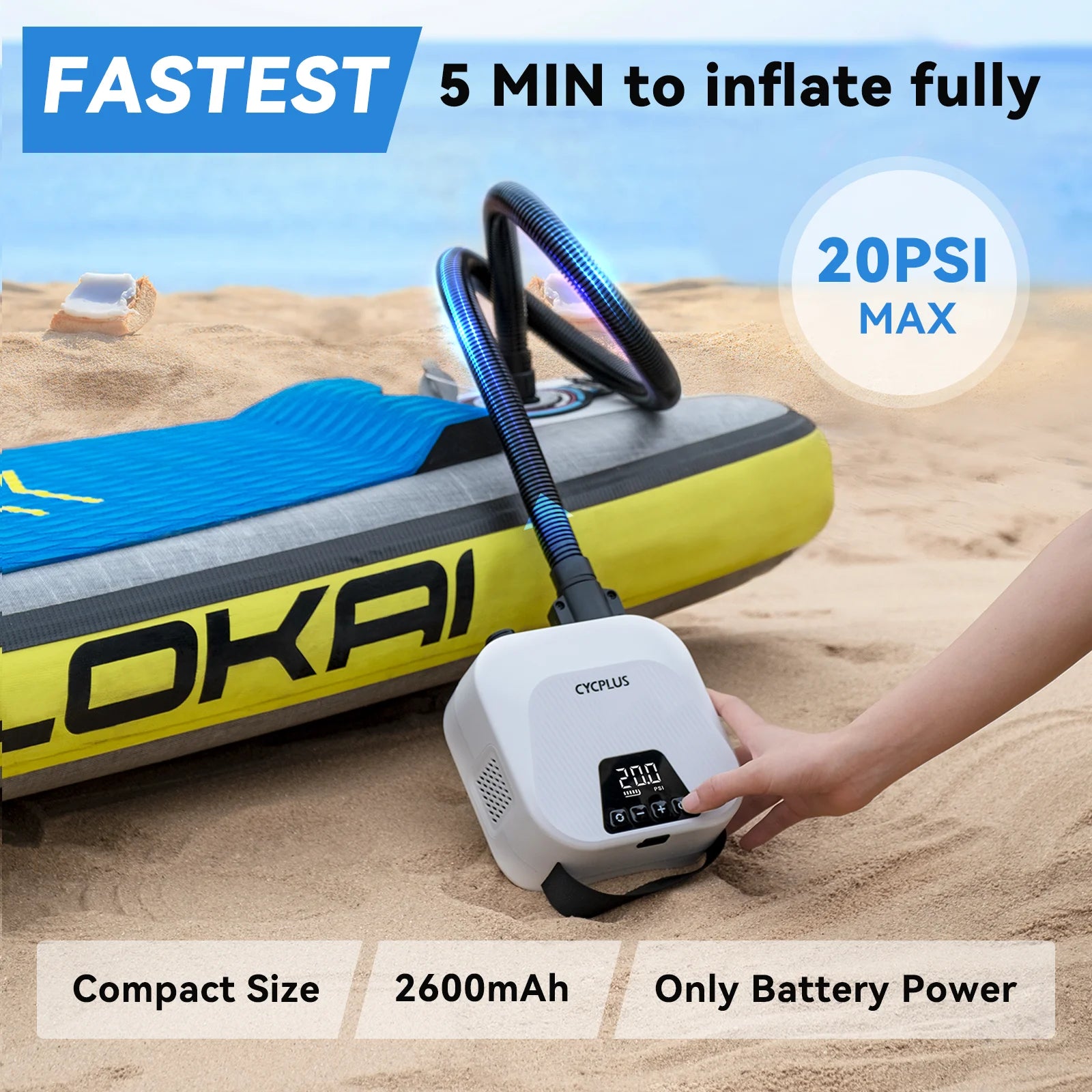 Electric Inflatable Kayak Boat Accessories 20PSI Cordless High Speed Dual Stage Air Inflator SUP Pump for Surfing Paddle Board