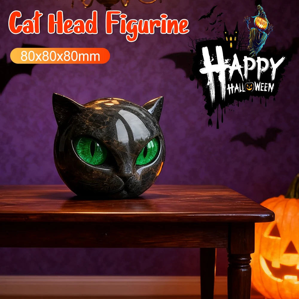 Green Eyes Cat Head Sculpture 3D Resin Healing Stone Marble Texture Cats Figurines Sculpture Gifts for Cat Lovers Women Men