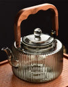 Large Capacity 1200ml Vertical Stripe Pattern Glass Tea Pot Kungfu Tea Set Wooden Beam Tea Kettle Brewing Puer Teapot Teaware
