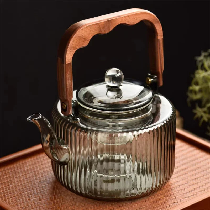 Large Capacity 1200ml Vertical Stripe Pattern Glass Tea Pot Kungfu Tea Set Wooden Beam Tea Kettle Brewing Puer Teapot Teaware