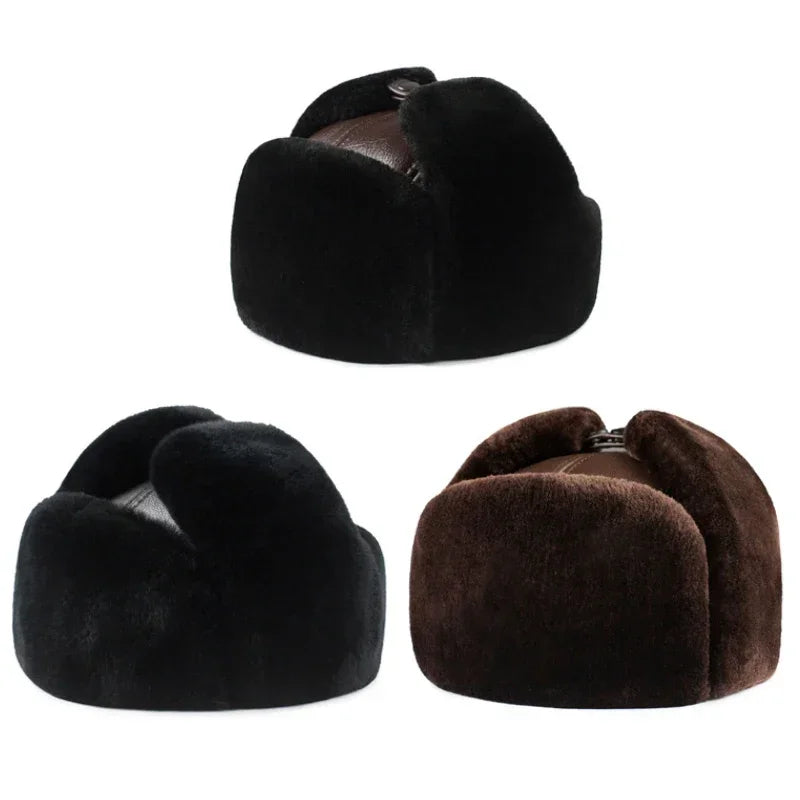 Outdoor Winter Warm Ear Protection Bomber Hat Man Genuine Leather Faux Fur Military Cap Inside Black Brown 55-60cm  Gorras