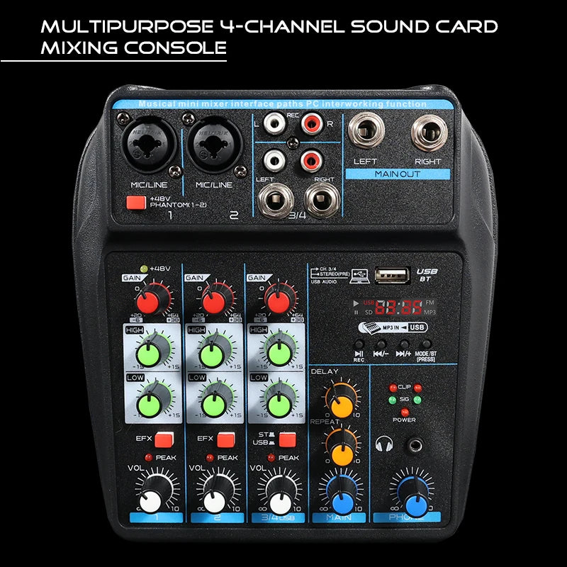 4 Channel DJ Audio Mixer With Bluetooth USB And 48V Phantom Power