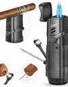 Cigar Lighter, Windproof Refillable Butane Lighter, Multifunction Cigar Accessories with Holder, Cigar Draw Enhancer and Punch
