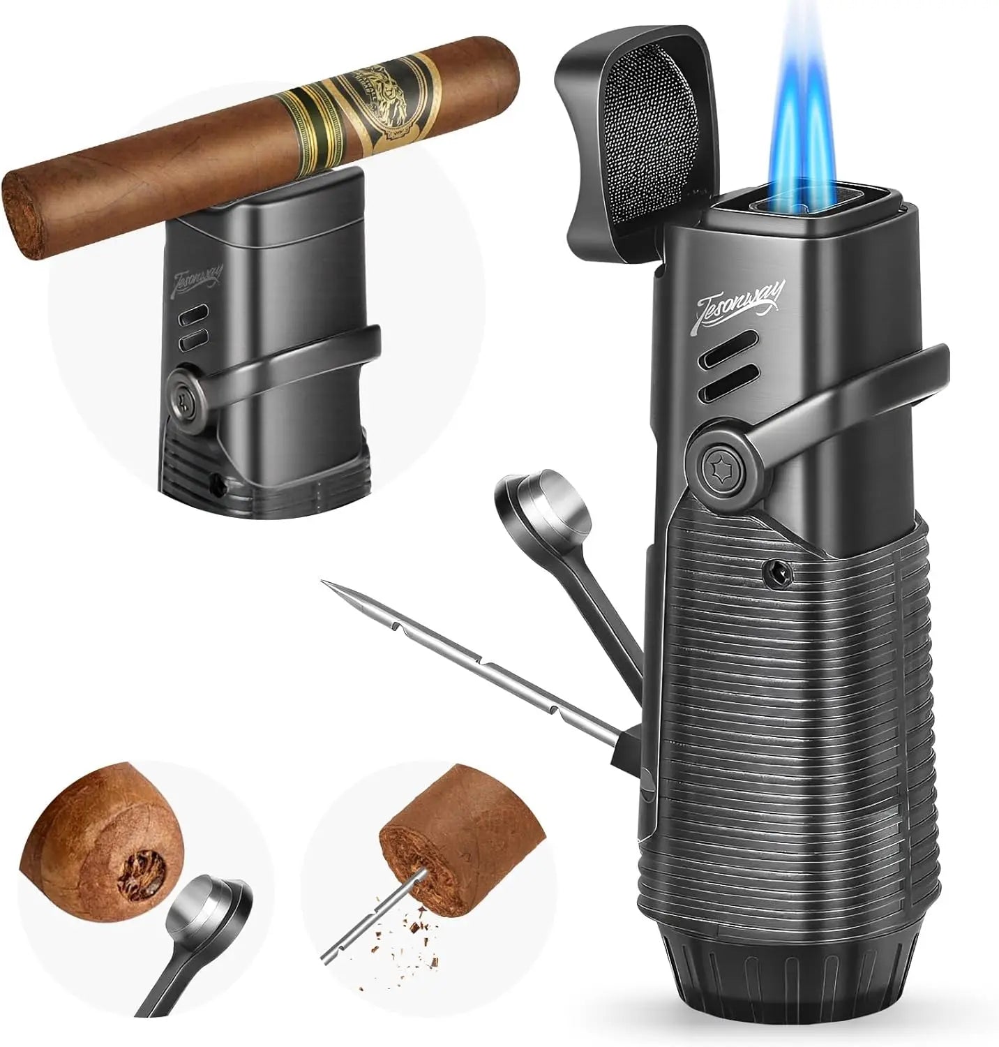 Cigar Lighter, Windproof Refillable Butane Lighter, Multifunction Cigar Accessories with Holder, Cigar Draw Enhancer and Punch