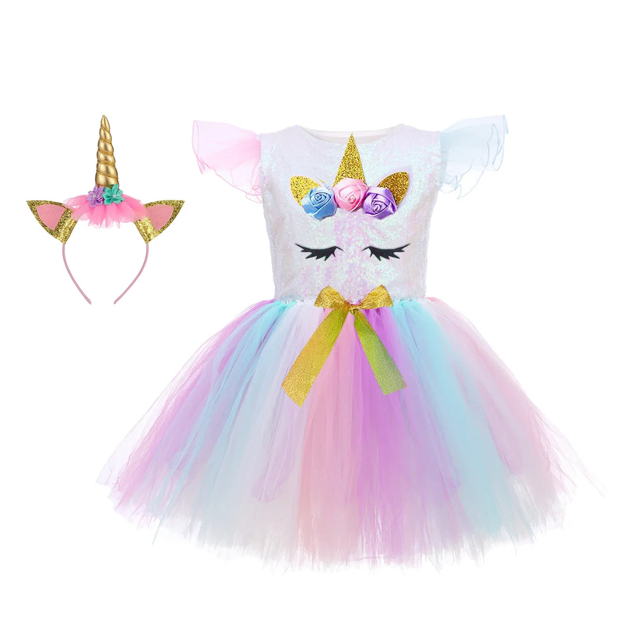 Unicorn Princess Tutu Dress with Flutter Sleeves and Sequin Tulle