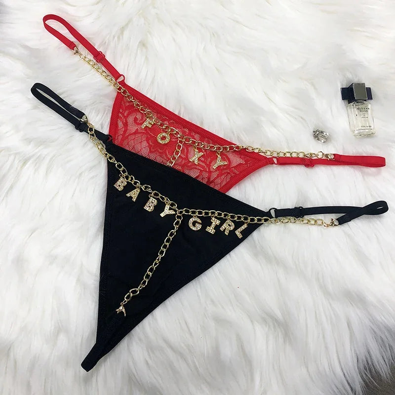 Customized Crystal Letters Name Thong Waist Chain Women Personalized Lace Underwear Bikini G-String Jewelry Gift Briefs