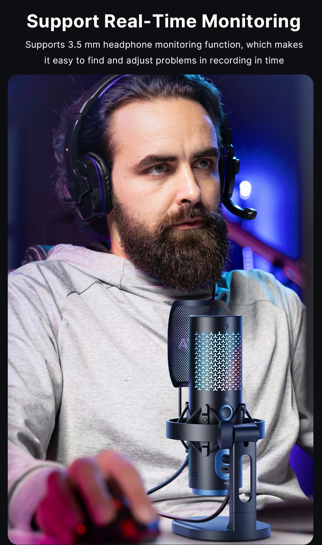 K5 USB Microphone for Gaming Live Streaming on PC Mac,Headphone Jack/Touch-Mute Button/RGB/AI Noise Reduction/Gain Control