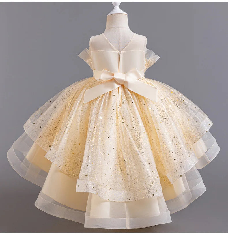 Elegant Girls' Performance Gown - Sleeveless Tulle Dress with Train for Piano Recital & Walk Show
