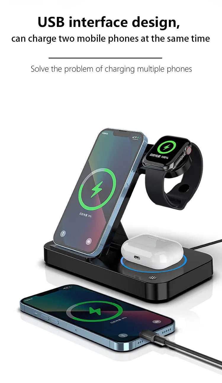 Portable Desktop Mobile Phone Wireless Charger Station 3In1 4 3 In One 3 In 1 Folding Megnetic Foldable 10W 15W Wireless Charger