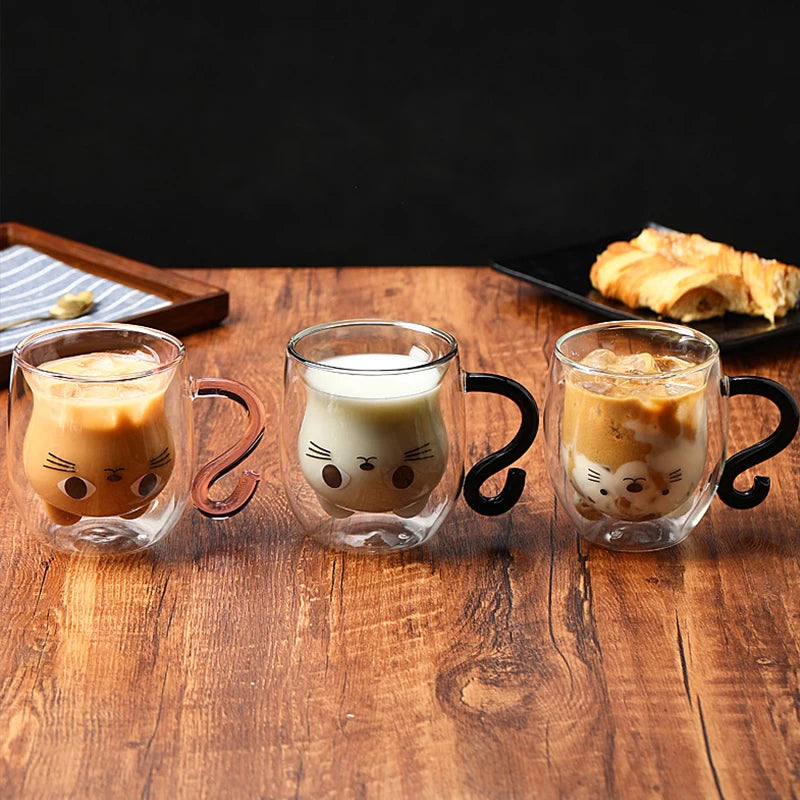 250ml Cartoon Cat Double Wall Glass Cute Coffee Tea Cup Heat-resistant Coffee Mug Handle Espresso Cup For Latte Cappuccino