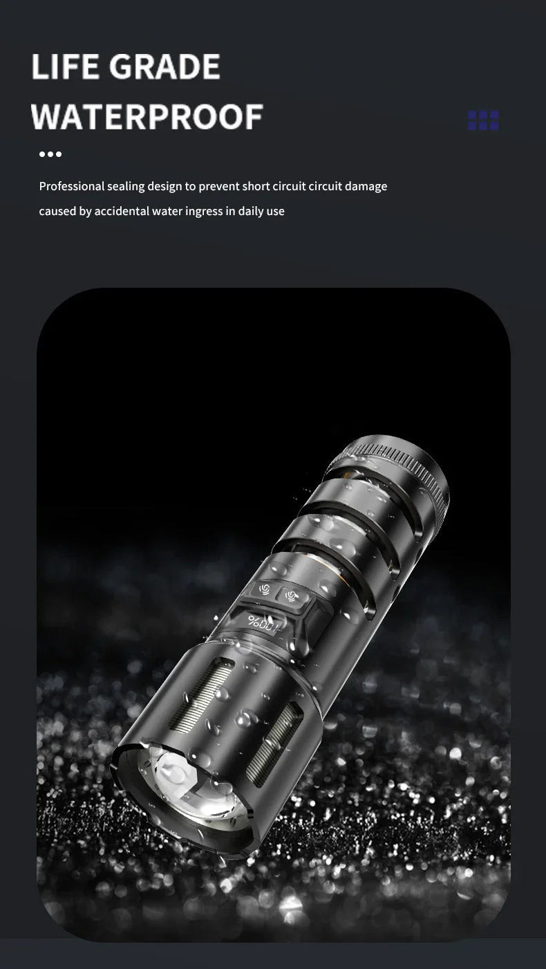 2-in-1 XHP360 High Power Tactical Flashlight Rechargeable Zoom Torch with Camping Light Power Bank Safety Hammer