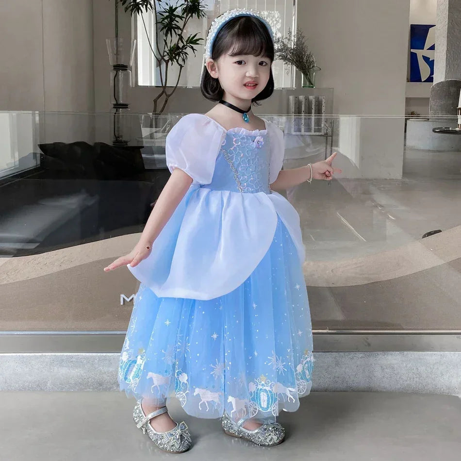 Cinderella Princess Cosplay Dress for Girl Kids Ball Gown Sequin Carnival TUTU Puff Mesh Clothing for Birthday Gift Summer Dress