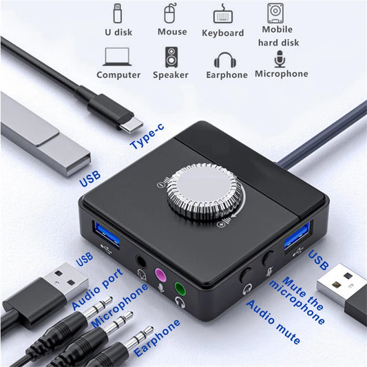 Portable USB External Sound Card 3 Ports To 3.5mm Jack Volume Adjustable Sound Card External Stereo Audio Adapter Driver-Free