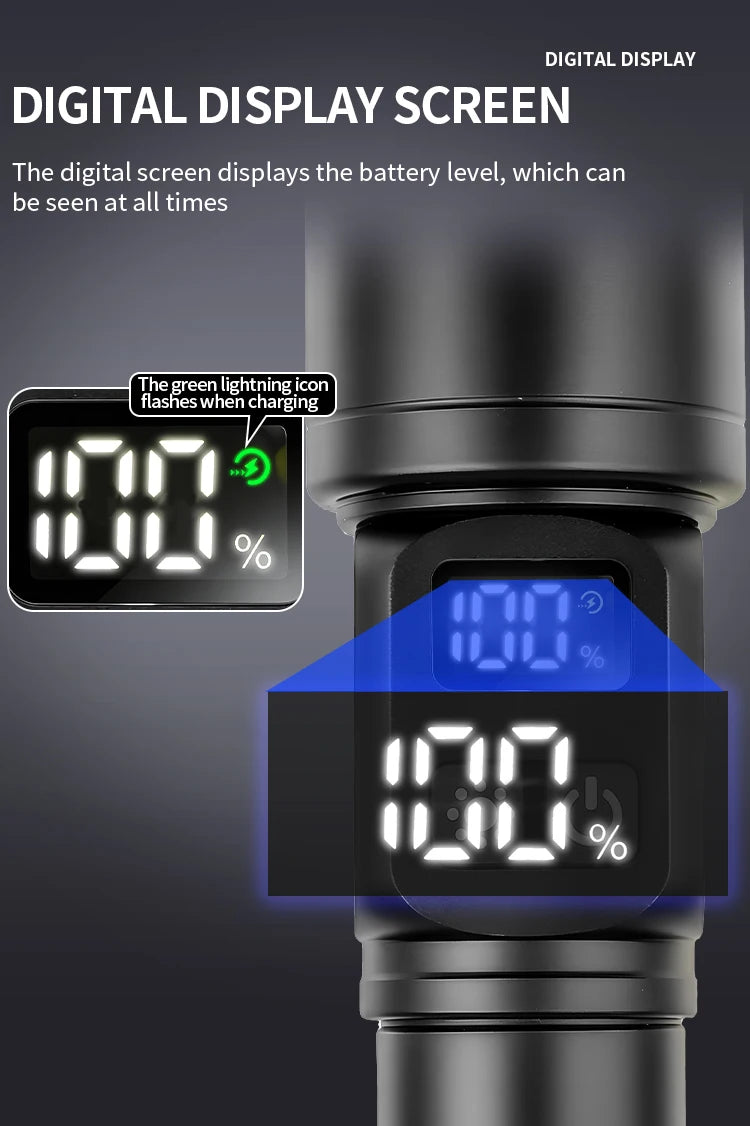 White Laser High Power Rechargeable LED Flashlight with Digital Display Magnet COB Side Light Zoom Torch