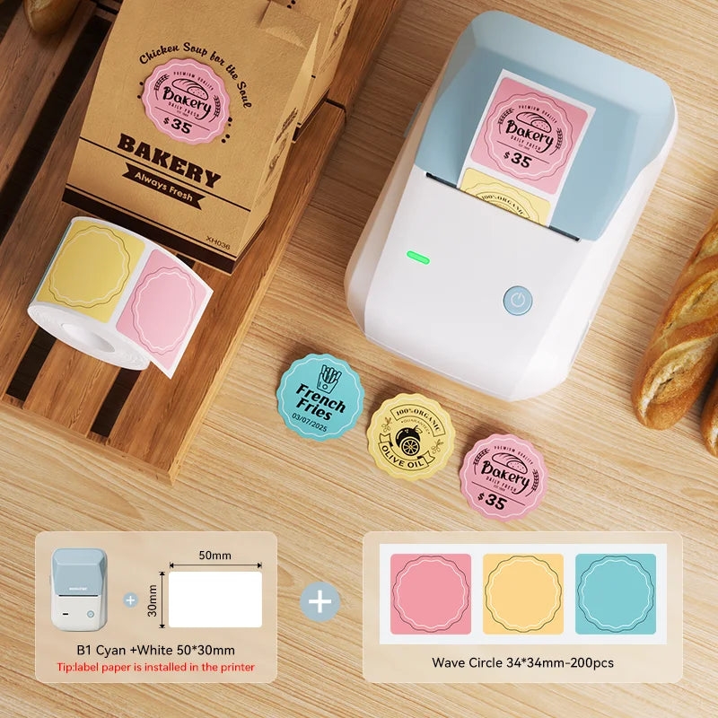 B1 Thermal Label Printer, Bluetooth Portable Sticker Maker 20–50mm, Inkless Barcode Price Tag Label Machine for Business & Food