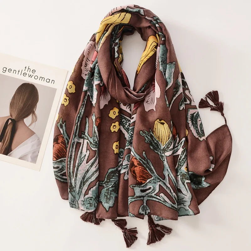 Beige Coffee Scarf Luxury Thin Women Scarves Spring Floral Hijab Veils Soft Cotton Shawl Wrap Tassel Viscose Muslim Woman Hijab