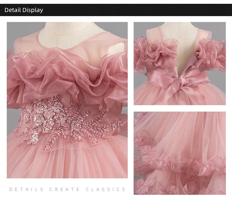 Luxury Off-Shoulder Girls' Dress - Convertible Tulle Ball Gown for Birthday Parties & On-Stage Events