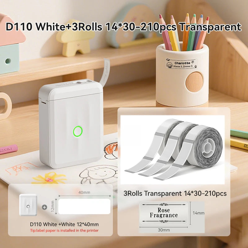 D110 Mini Thermal Label Printer, Bluetooth Portable Smart Label Maker 12–15mm, Inkless Sticker Printer for Home Office Kitchen School