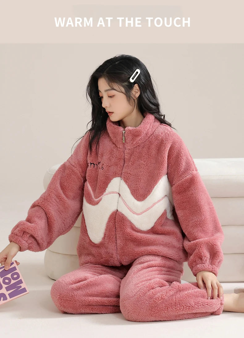 Women’s Christmas Fleece Pajama Set – Warm Flannel Zipper Sleepwear, Thick Coral Velvet