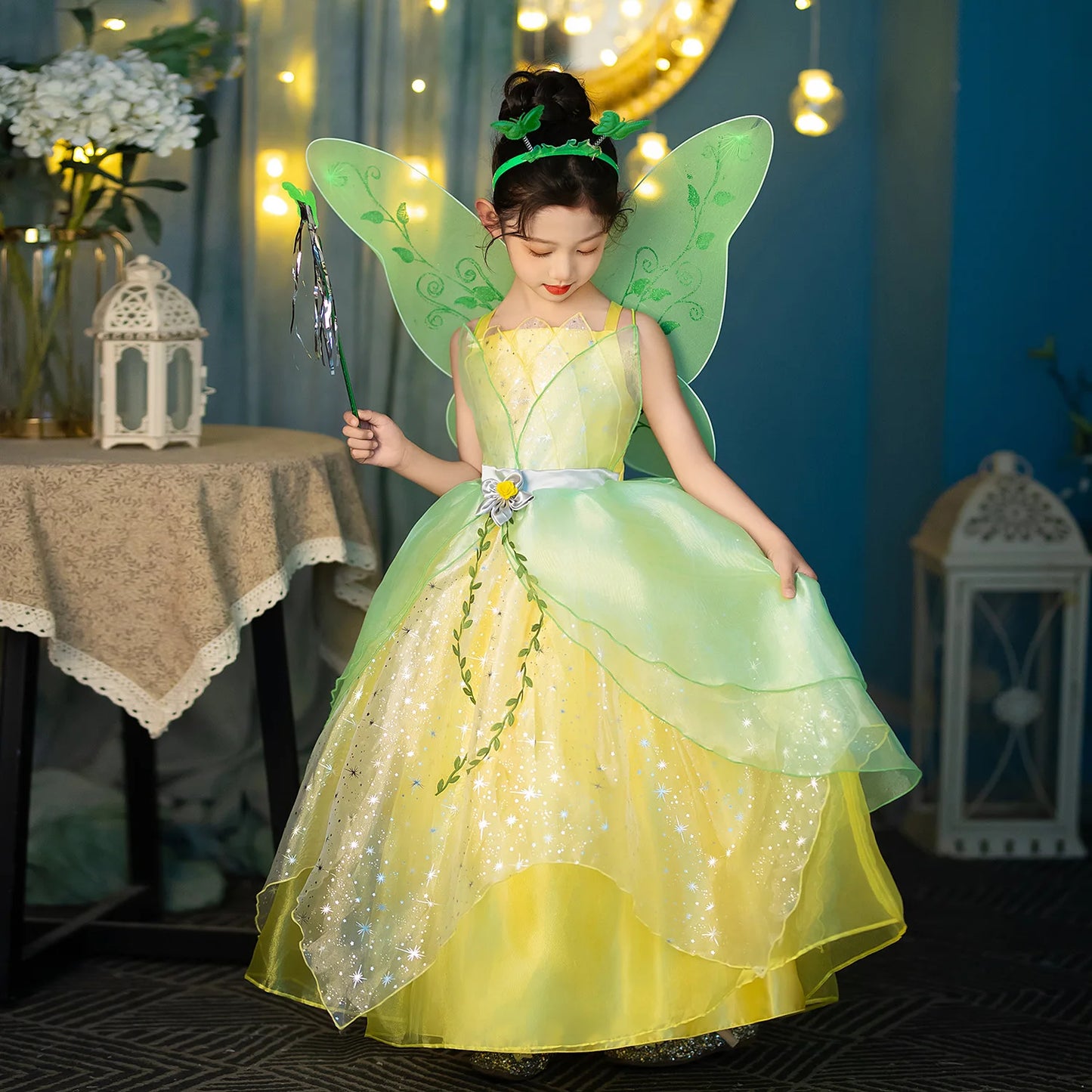 Layered Tulle Fairy Princess Dress Green Yellow Sling Party Costume