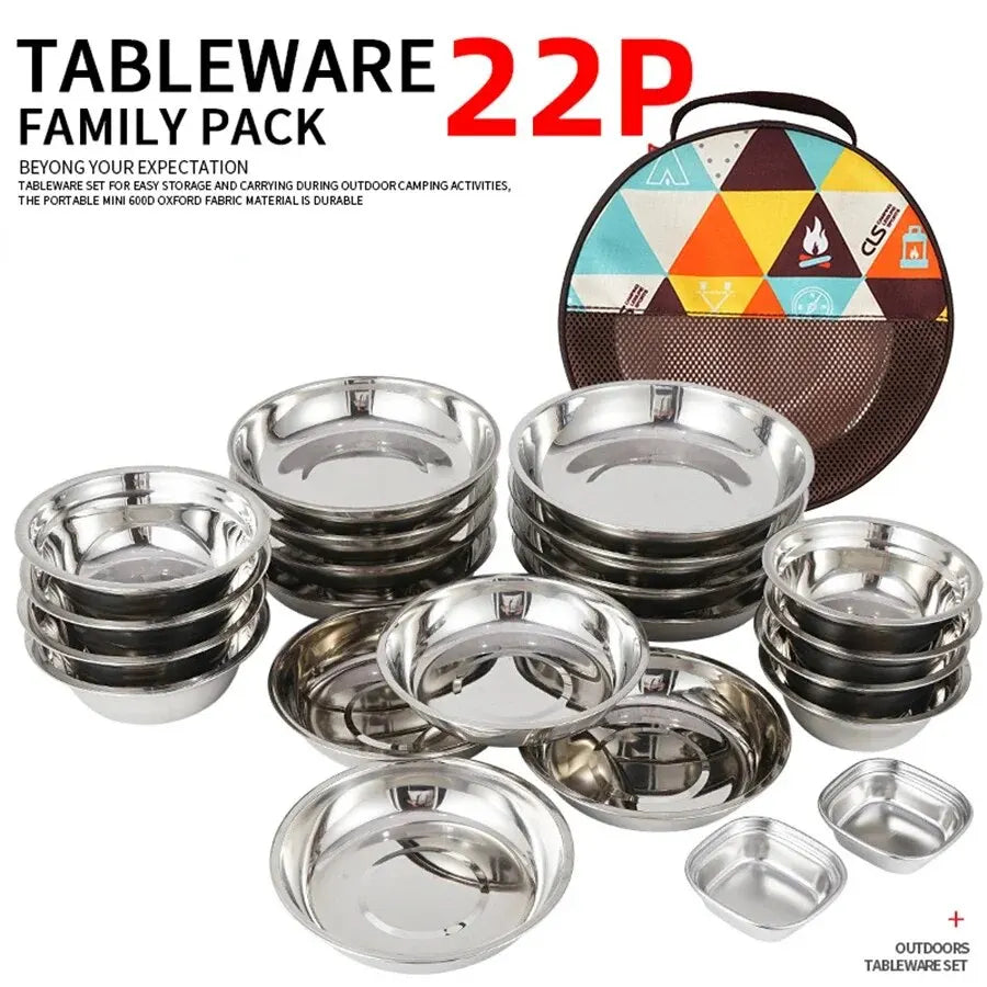 17PCS 22PCS Set Camping Stainless Steel Dinner Dish Durable Outdoor Cooking Picnic Tableware Soup Bowl Trip