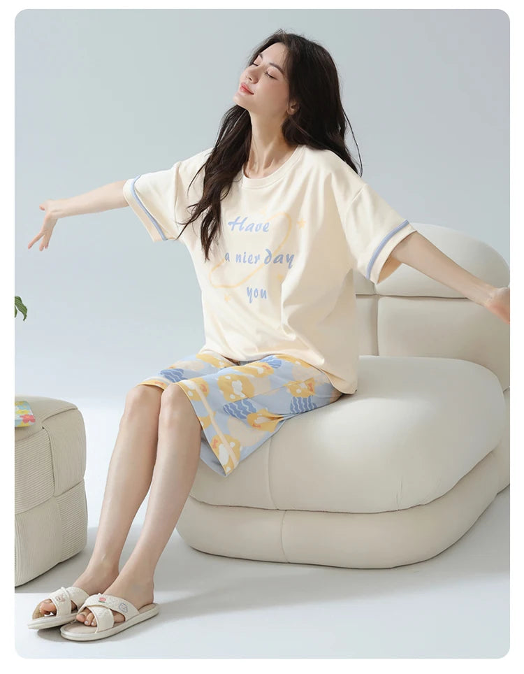 2-Pcs Women’s Cotton Pajama Set – Breathable Short Sleeve Summer Sleepwear with Cute Prints