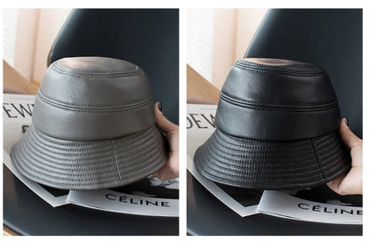 Bucket Hat Big Sun Shade 100% Genuine Leather Fisherman Caps Female Chic Grey Basin Casquette Street