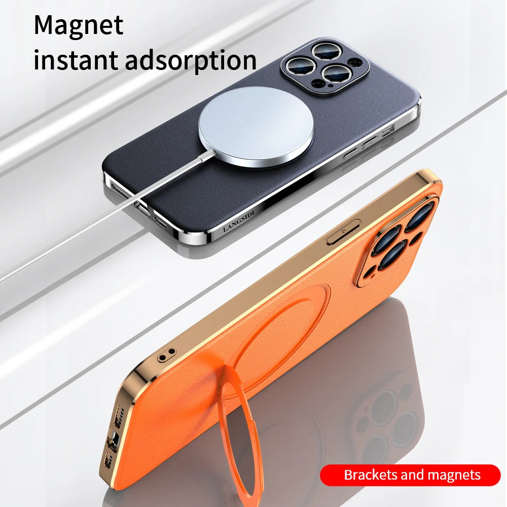 Leather for Magsafe Case for iPhone 16 15 14 Pro Max 16Pro Ring Luxury Lens Protection Holder Phone Back Cover