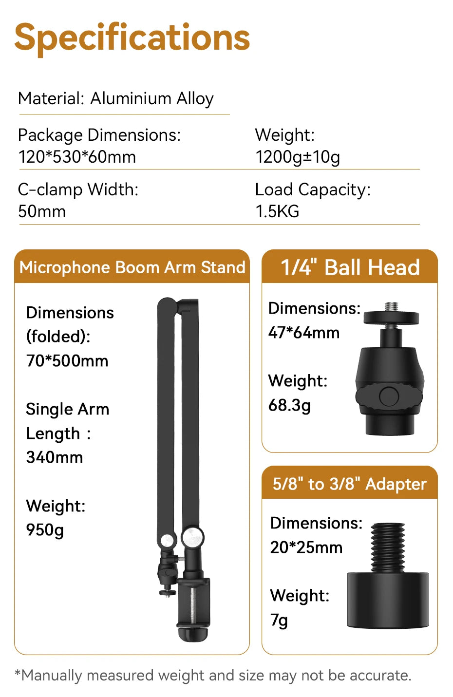 Microphone Boom Arm Stand for Microphone Compact Camera Phone Clamp Max Load 1.5KG with 1/4'' 3/8'' 5/8'' Screw