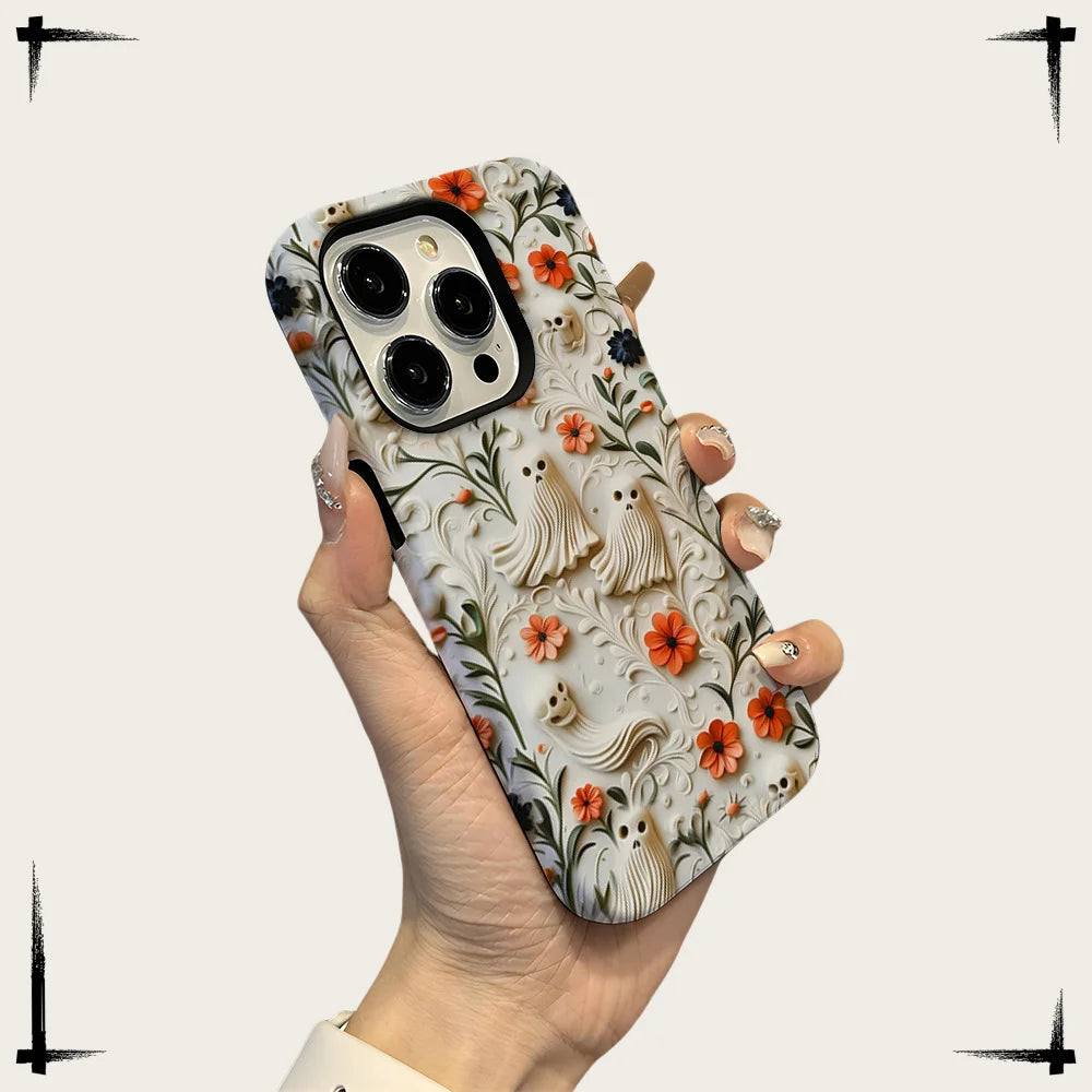 Cute Cartoon Embroidery Effect Ghost Flower Phone Case For iPhone 16 15 Pro Max Plus Double-deck Cover Protection Funda