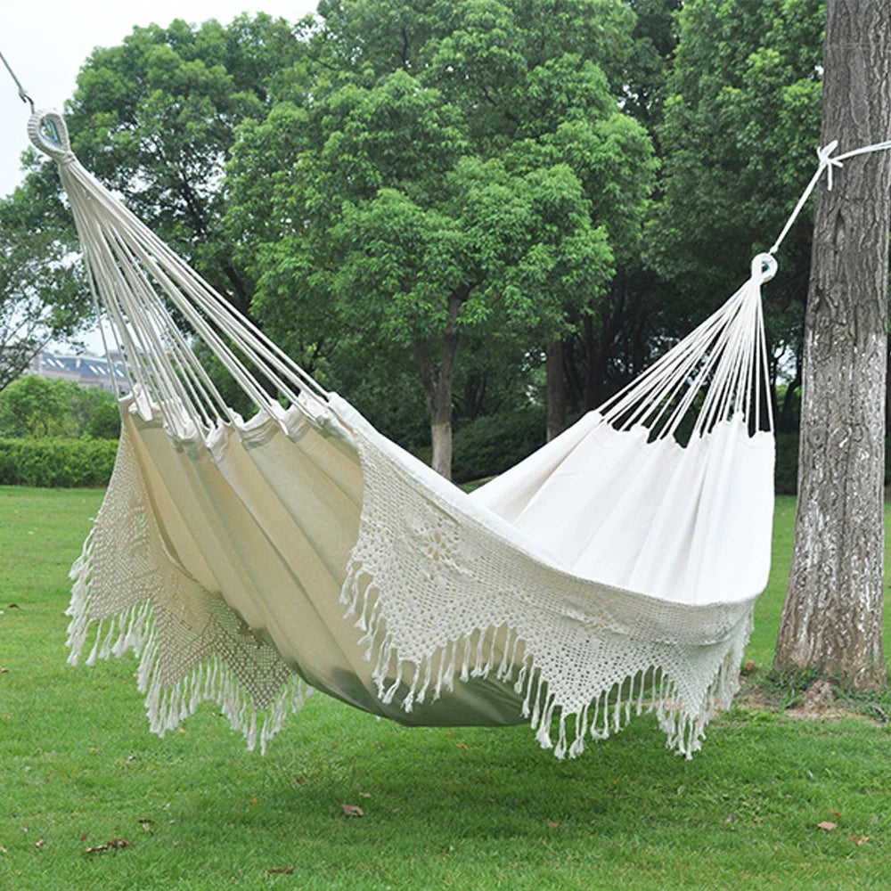 Premium Cotton Canvas Hammock with Woven Tassels for Home, Bedroom, Patio, Porch, Yard, Beach 2 Person Bohemia Style