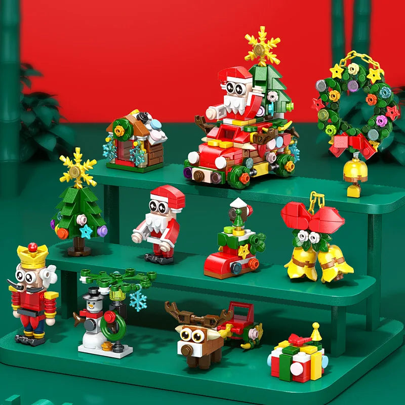 DIY 8in1 Lights Christmas Elk Deer Santa Claus Train Architecture Store Street View Xmas Tree Snow House Building Block Kit Toy