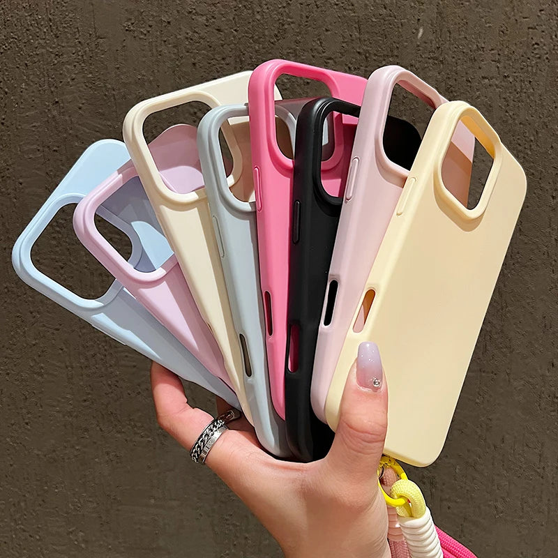 Dopamine-Inspired Silicone Solid Color Simple Phone Case for iPhone 17 16 Pro Max Air 16 Plus 15 14 With Lanyard Cover