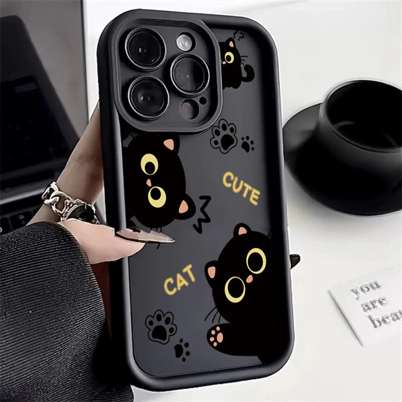 Lovely Black Cat Silicone Case For iPhone 17 16 15 14 Pro Max 16E 16 Plus 17Air Shockproof Back Covers