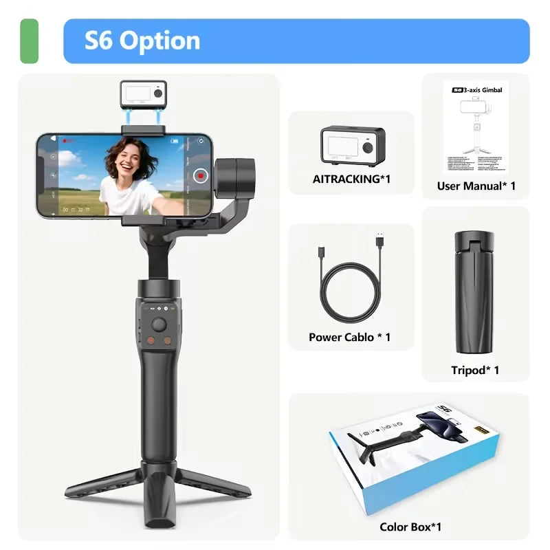 S6 3-Axis Gimbal Gesture control & fill light for smooth vlogs, streams & selfies. Compact & durable, perfect for creator