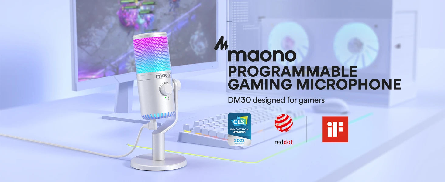 DM30 RGB USB Microphone RGB Gaming Microphone Computer Mic USB Gaming Mic with Mic Gain and RGB Lighting for PC, Phone